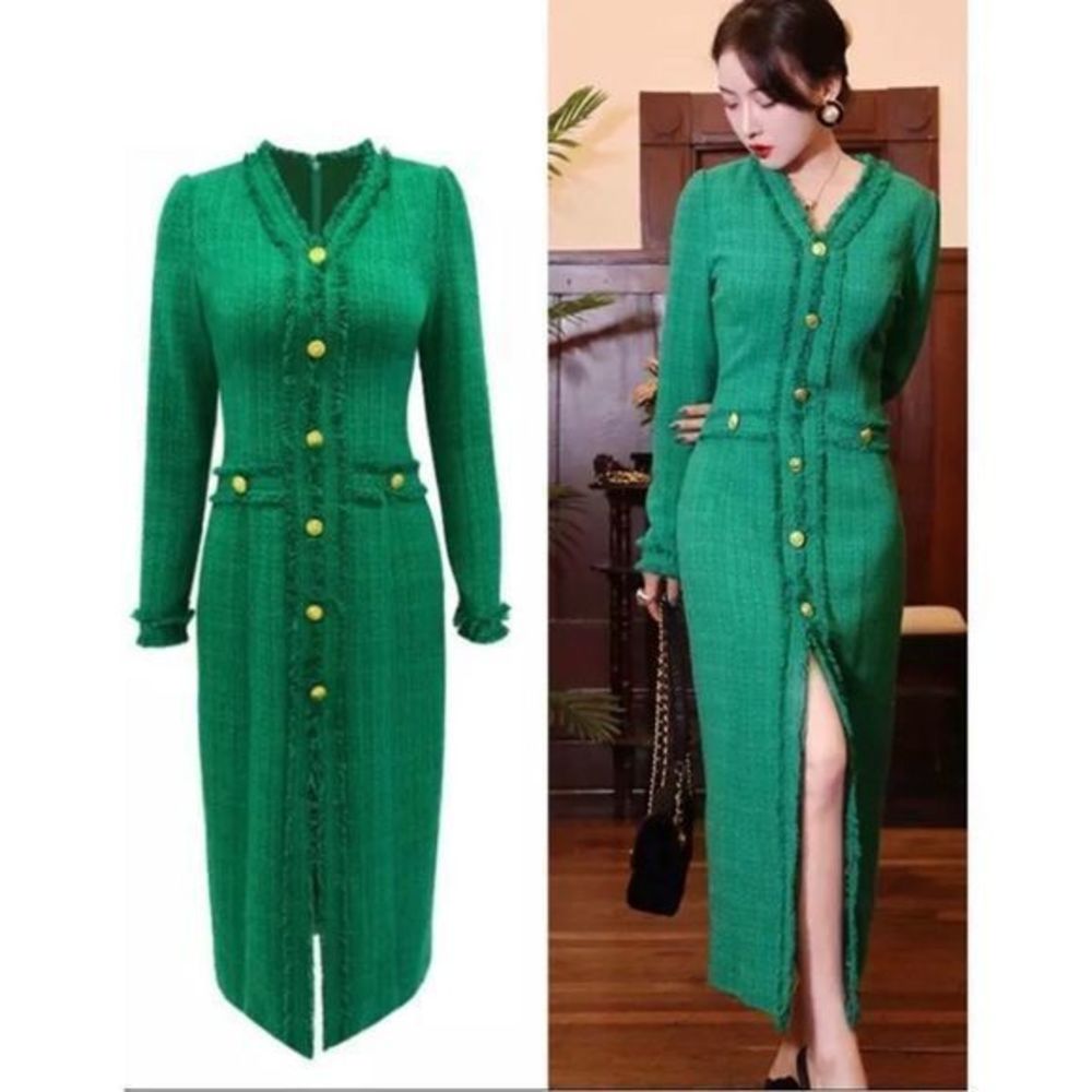 Green Button-Front Midi Dress
